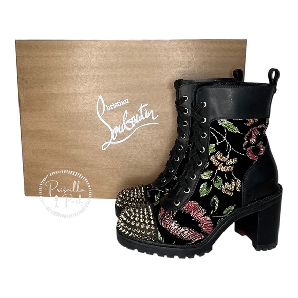 Christian Louboutin Croc Floral Studded Hiking Ankle Boots Black Spike Studded - Picture 2 of 15